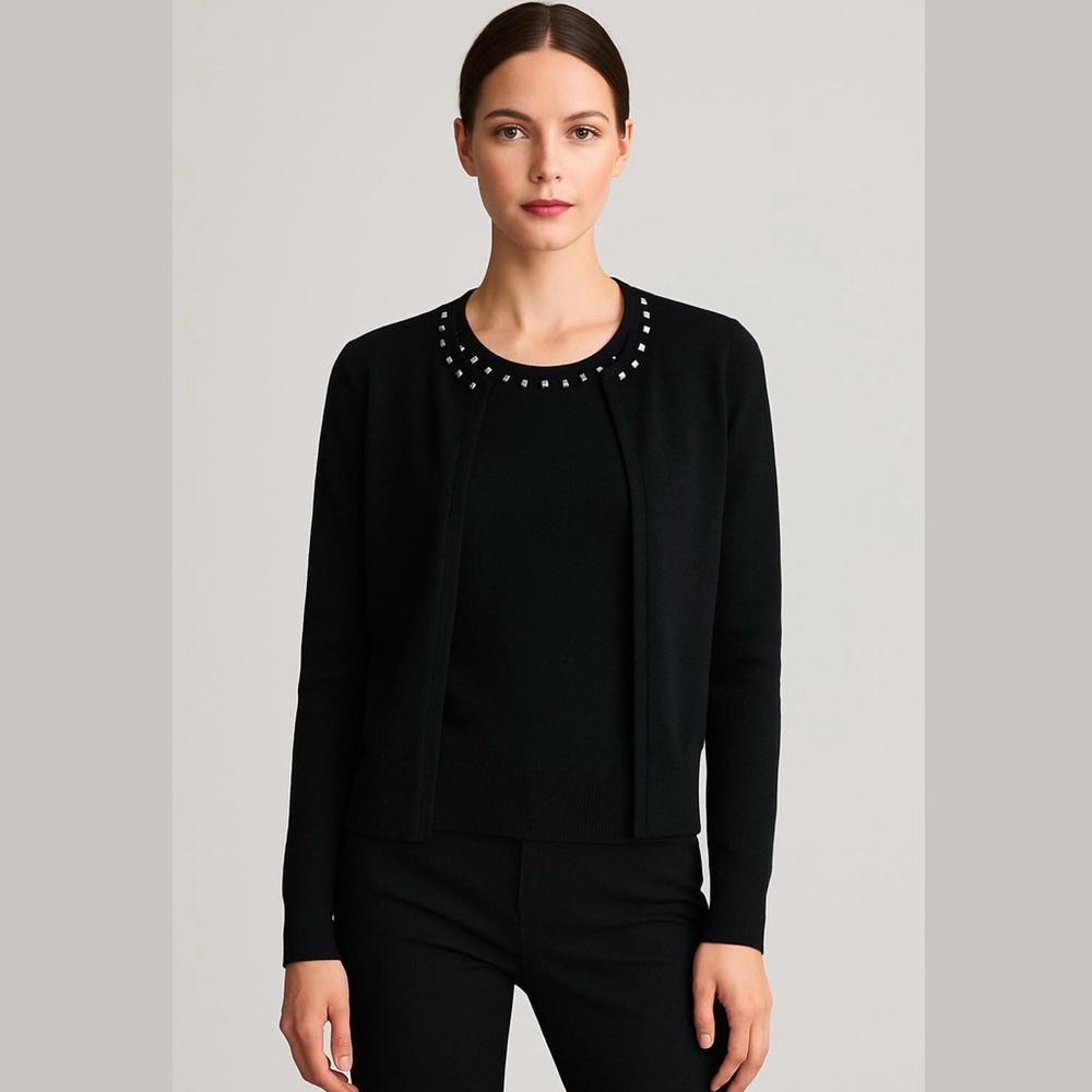 Black Cashmere Wool Blend Connected Twinset w/ Pyramid Stud Trim Size S
